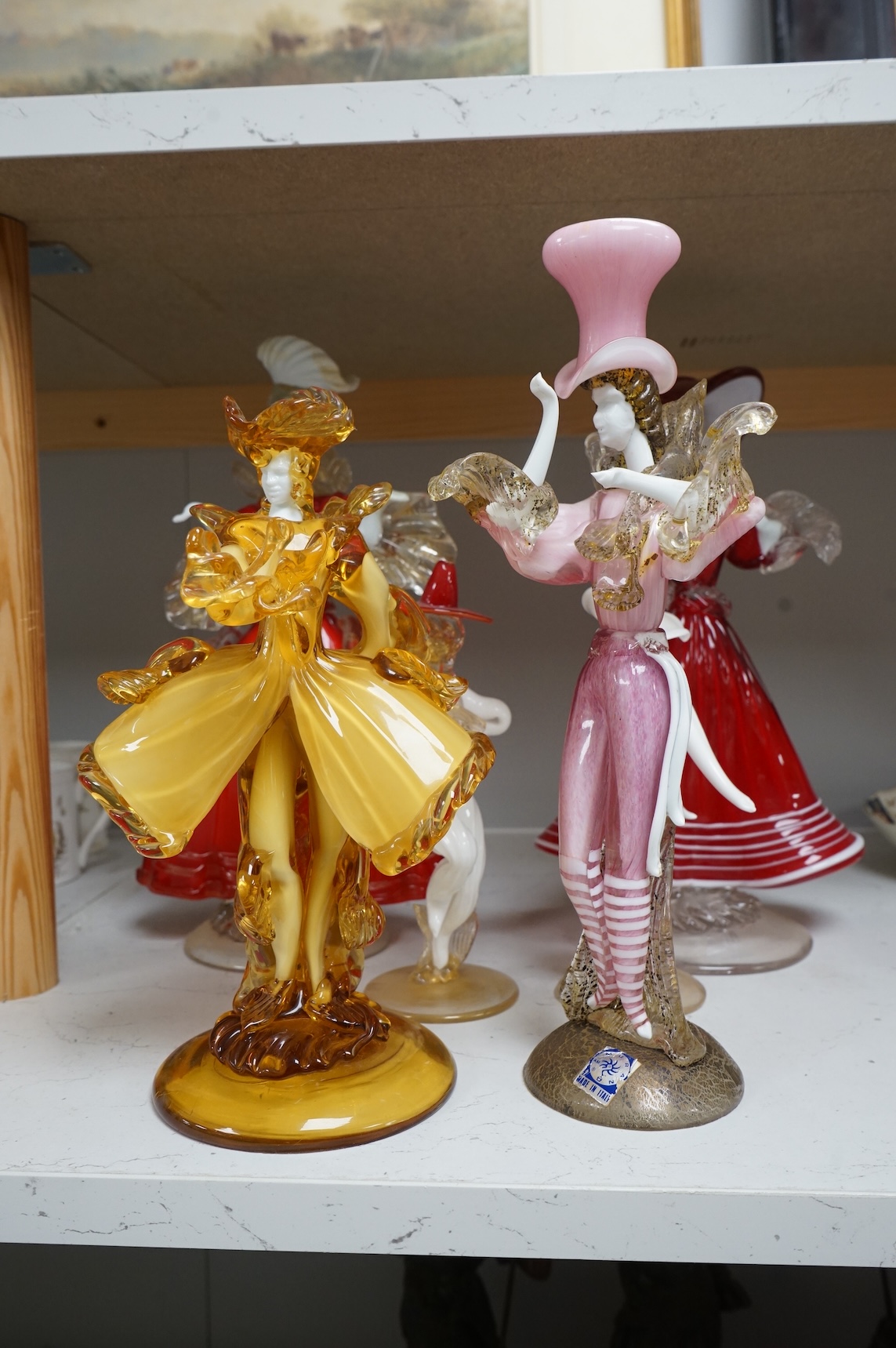 Six Murano glass dancing figures, largest 32cm